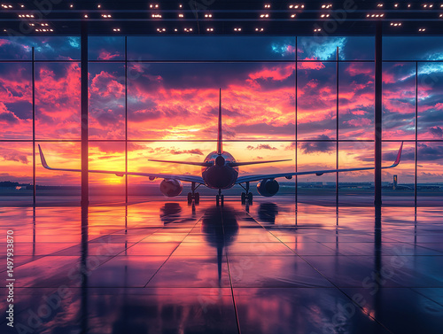 Wallpaper Mural Airplane Silhouette Against a Vibrant Sunset Torontodigital.ca