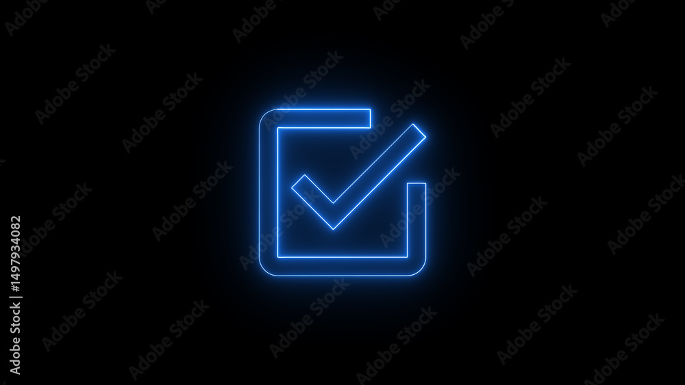 Glowing blue checkmark icon on black background representing approval and confirmation signifying completion or success Glowing blue checkmark icon on black background representing approval and confirmation signifying completion or success