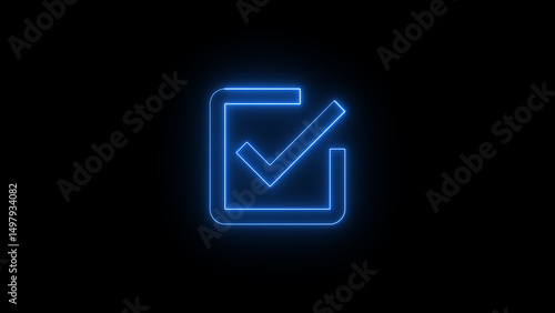 Glowing blue checkmark icon on black background representing approval and confirmation signifying completion or success