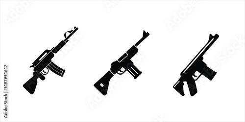 machine gun silhouette vector set illustration on white background. automatic weapon, modern weapons set.
