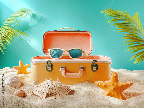 Wallpaper Mural Summer Beach Scene with Sunglasses and Suitcase Torontodigital.ca