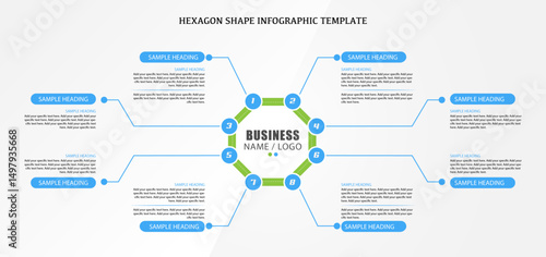 Hexagon shape eight step infographics template design, business infographics with hexagon shape