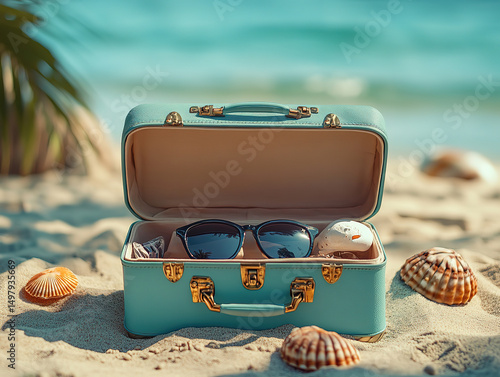 Wallpaper Mural Stylish Beach Suitcase with Sunglasses and Seashells Torontodigital.ca