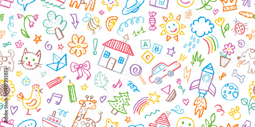Kid pattern, baby background. Crayon seamless bg. Cute hand drawn children pattern with house school cloud flower rainbow sun tree cat. Summer color sketch background. Pencil crayon preschool scribble