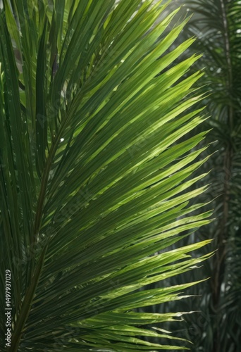 Deep green palm leaf, sunlight highlights texture , background, photography
