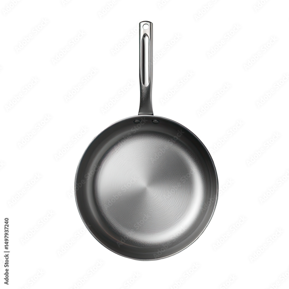 A sleek, stainless steel frying pan with a single handle, ready for cooking A sleek, stainless steel frying pan with a single handle, ready for cooking