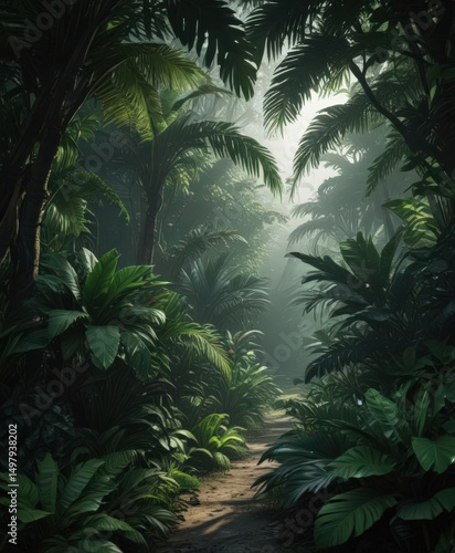 Intricate dark green foliage creates a mysterious, shadowy tropical scene , shadow, pattern, element