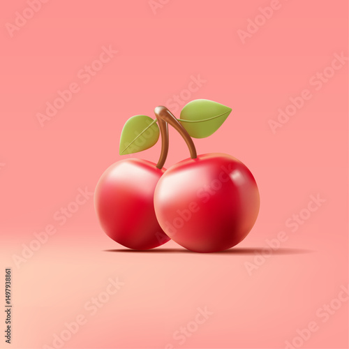 Bright juicy cherries with leaves 3D, on a pink background. Organic farm homegrown cherries, for advertising concepts. Vector illustration.