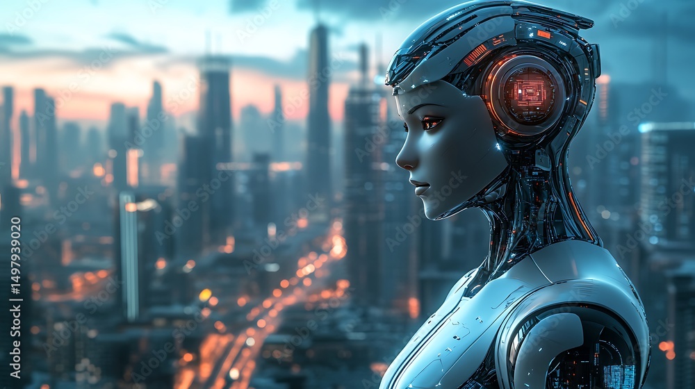 Fototapeta premium Female Humanoid Robot in Futuristic City at Sunset