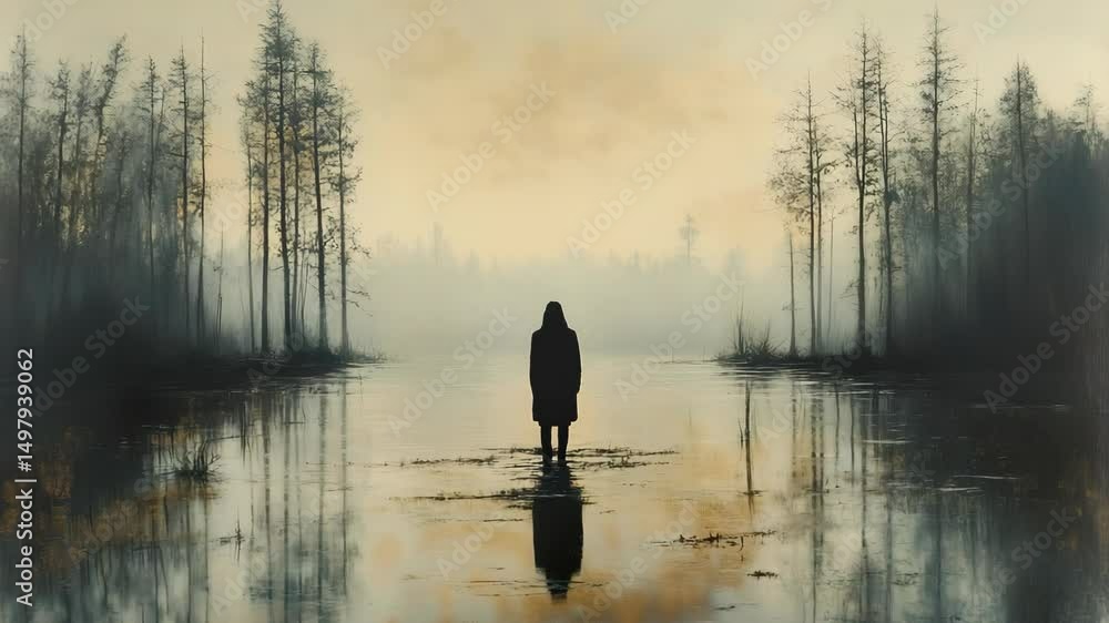 A person standing in the middle of a lake A person standing in the middle of a lake