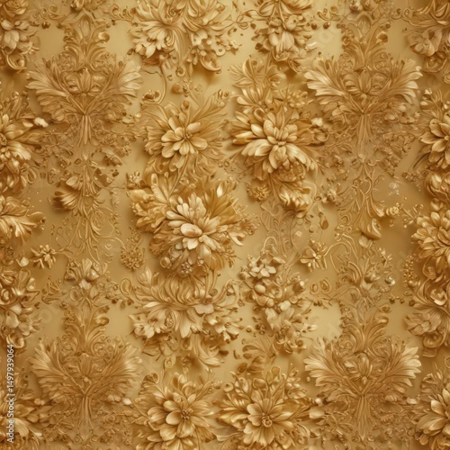 Golden damask pattern with ornate leaves and delicate flowers  Rich texture , gold leaf, elegant design, luxury