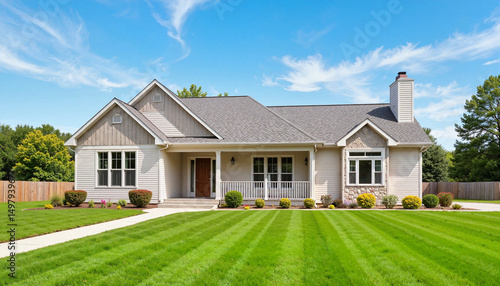 Modern suburban house with green lawn under clear blue sky  
