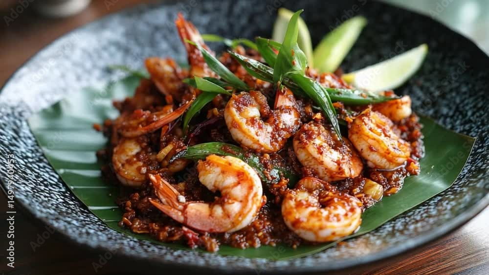 Spicy Shrimp Dish on a Dark Plate Spicy Shrimp Dish on a Dark Plate