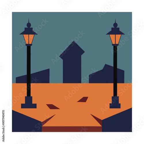 abandoned town square with broken lights.eps