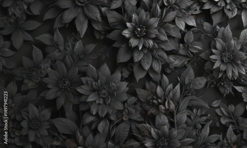 Intricate charcoal floral pattern, abstract botanicals,  modern,  dark tones,  home decor