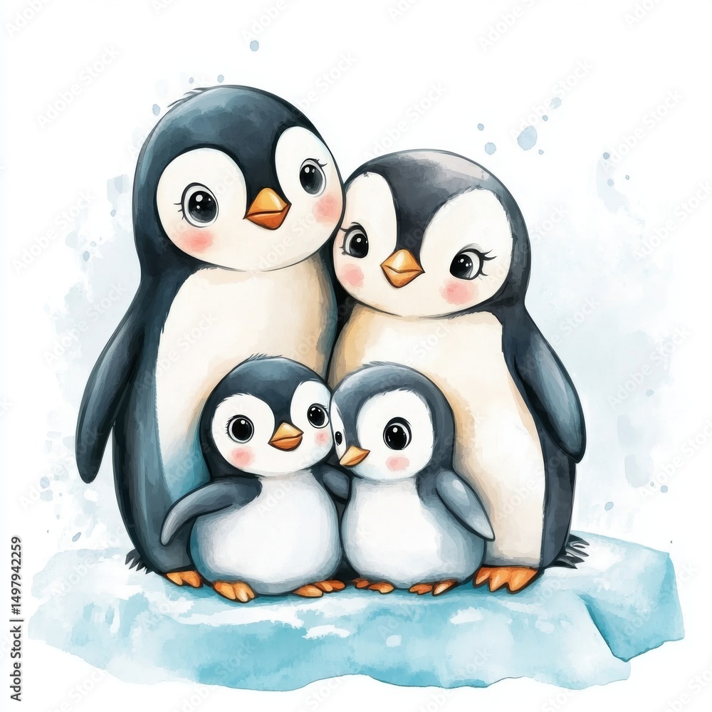 Fototapeta premium A cute cartoon penguin family clipart, with a mother and father and their baby penguin. There is an ice sheet in the background. suitable for easy coloring books or illustrations for children's design