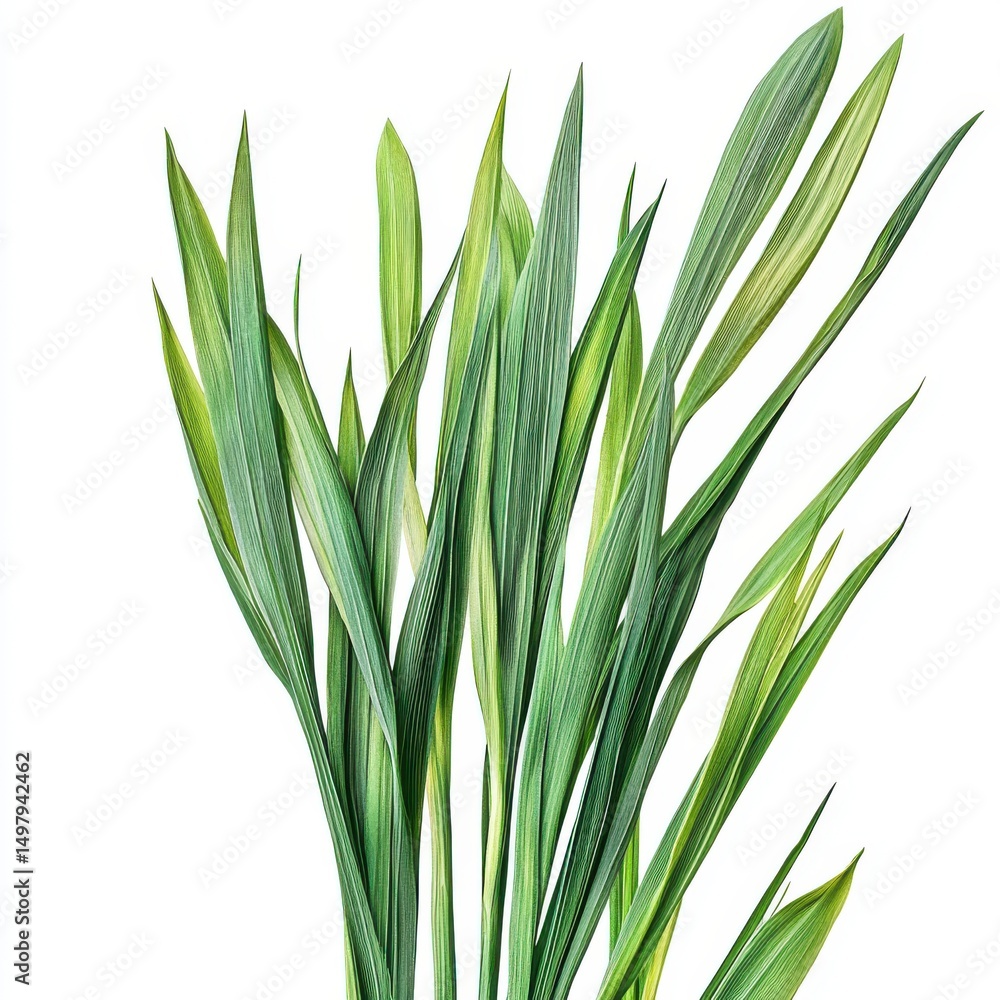 Fototapeta premium Bunch of vibrant green leaves with pointed tips isolated on white background