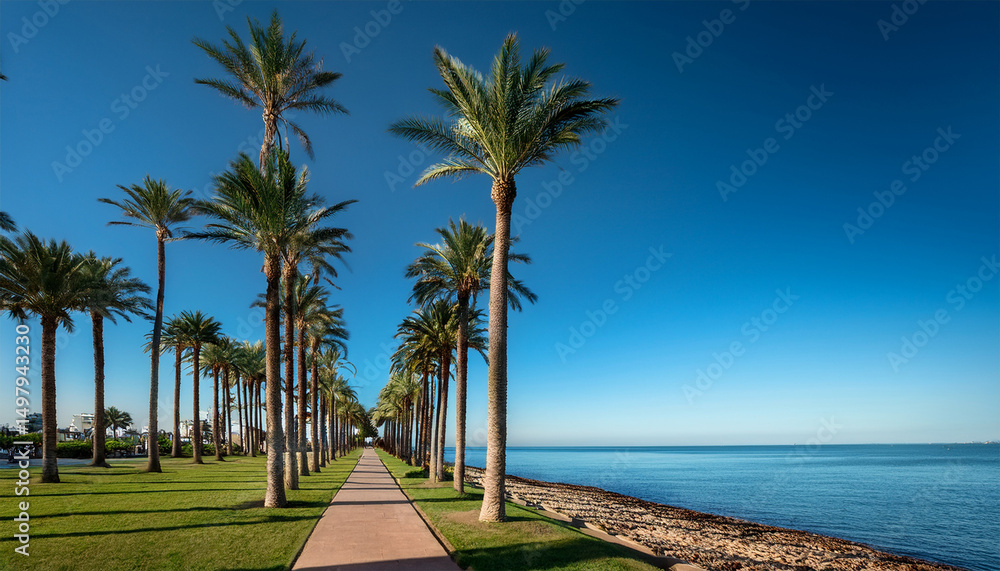 Fototapeta premium a row of evenly spaced palm trees along a coastal path with a calm ocean backdrop under a cloudless sky