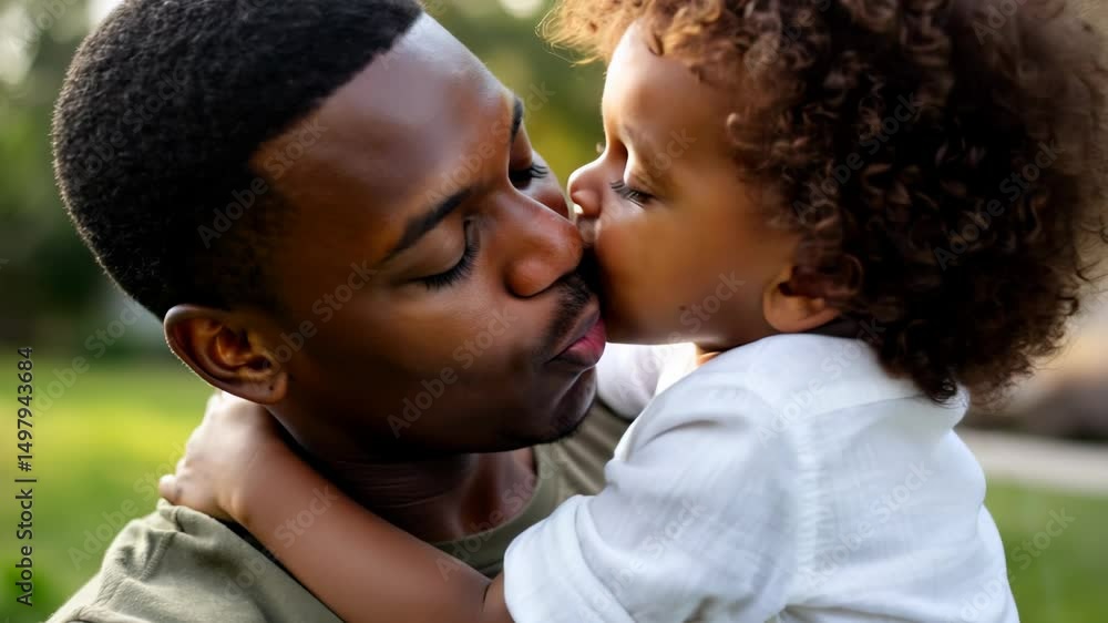 Affectionate son kissing father's cheek outdoors, tender family moment. Affectionate son kissing father's cheek outdoors, tender family moment.