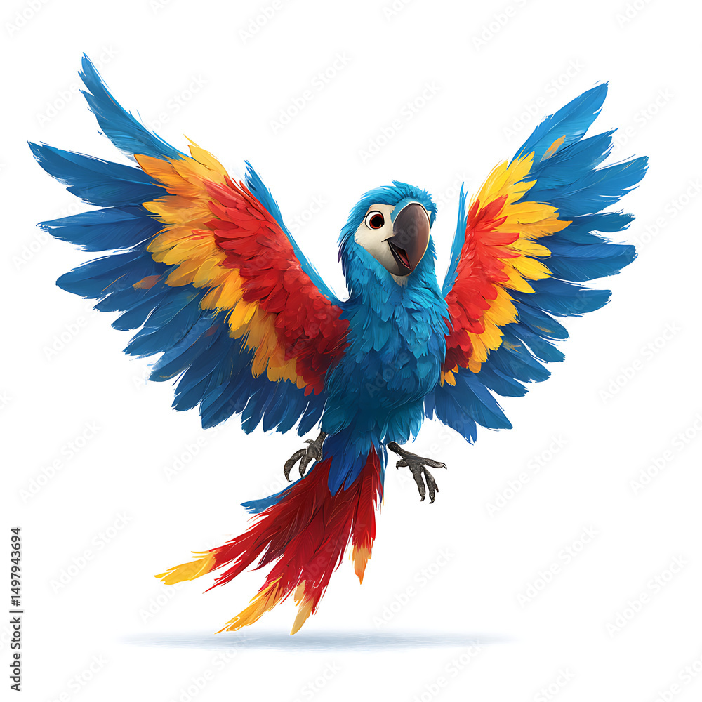 Fototapeta premium Colorful macaw parrot in flight with vibrant blue, red, and yellow feathers on a white background.