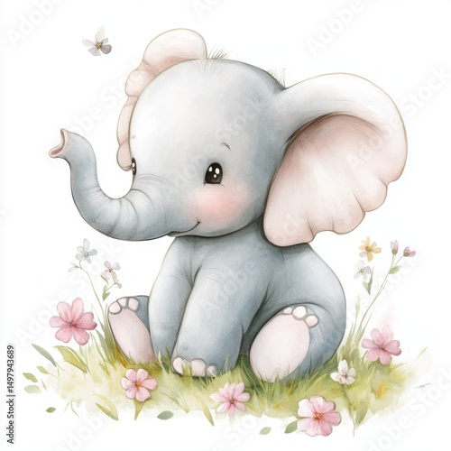 Cute baby elephant sitting on grass with flowers in the background, watercolor clipart isolated on a white background, in pastel colors, cute and adorable