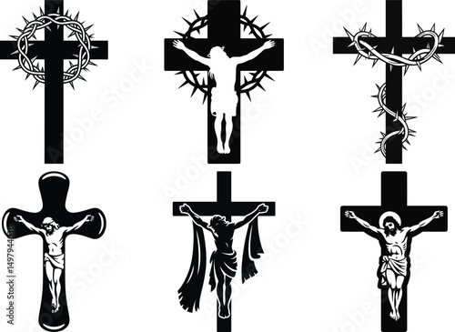 Jesus on Cross Silhouette Clipart SVG Bundle. Jesus Cross Vector Illustration Set. Christian Cross, Crucifixion, ross Spiritual Design,  Powerful Religious Vector, Jesus Christ Cross, Faith in Christ.