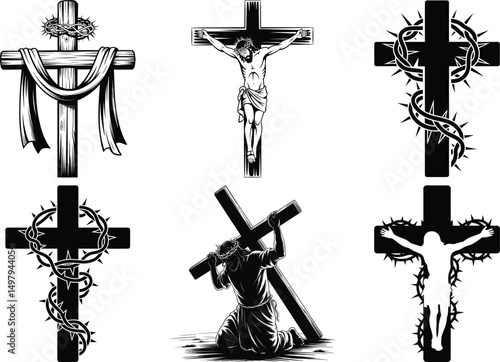 Jesus on Cross Silhouette Clipart SVG Bundle. Jesus Cross Vector Illustration Set. Christian Cross, Crucifixion, ross Spiritual Design,  Powerful Religious Vector, Jesus Christ Cross, Faith in Christ.
