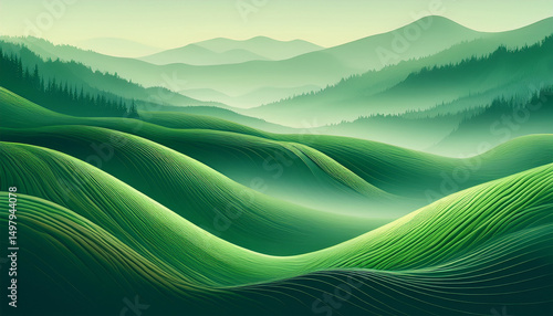 abstract green background with waves landscape organic green hills valleys and forest bathed in the sunlight morning mist in the forest banner wallpaper and background