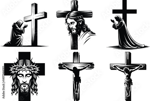 Jesus on Cross Silhouette Clipart SVG Bundle. Jesus Cross Vector Illustration Set. Christian Cross, Crucifixion, ross Spiritual Design,  Powerful Religious Vector, Jesus Christ Cross, Faith in Christ.