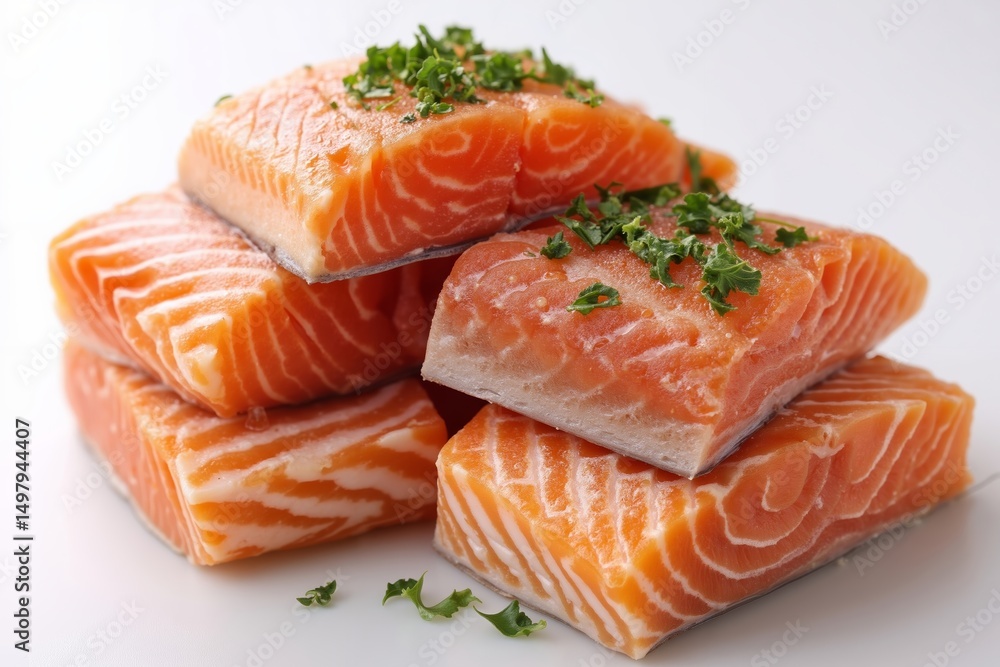 A stack of salmon fillets with parsley on top of them A stack of salmon fillets with parsley on top of them
