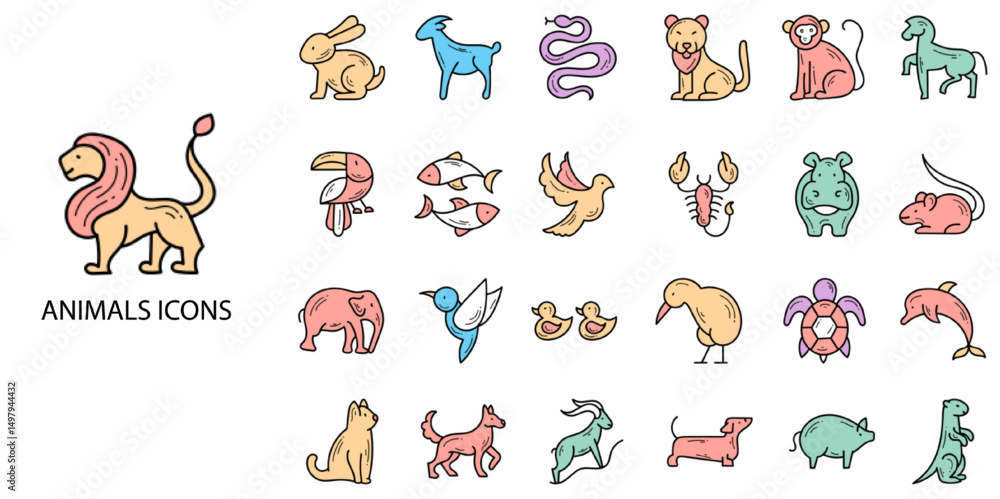 Fototapeta premium Animals simple concept 24 hand drawn color icons set .Vector illustration.