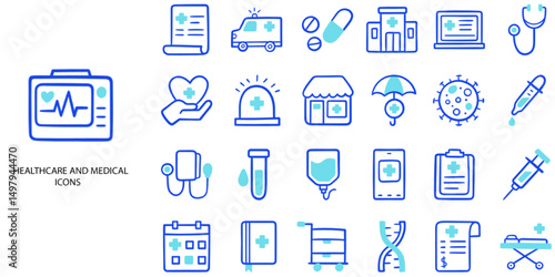 Healthcare and Medical simple concept 24 hand drawn color icons set .Vector illustration.