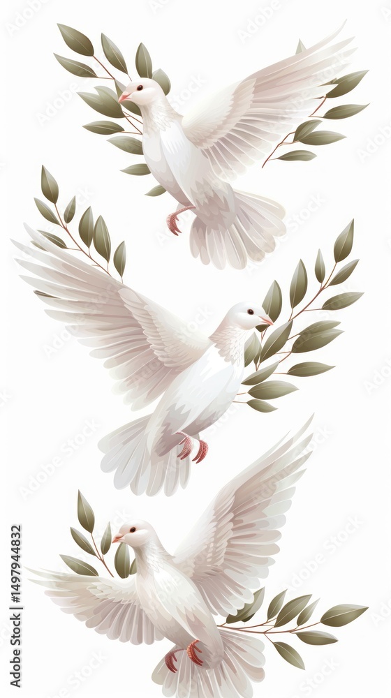 Obraz premium Three white doves in flight, olive branches, peaceful scene