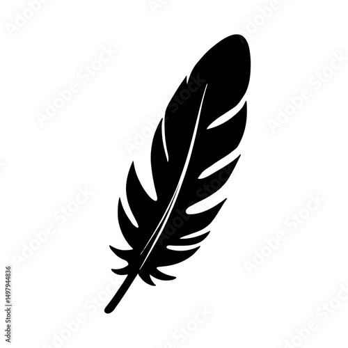 Minimalist black silhouette of a feather with distinct barred pattern on white background