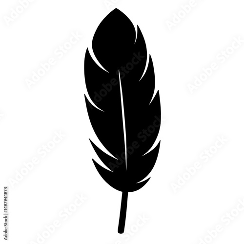 Minimalist black silhouette of a broad tail feather on white background