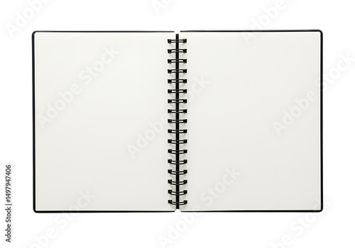 Open spiral notebook with clean white pages and black rings centered. Perfect for educational, office, or note-taking visuals. Isolated on transparent background. PNG