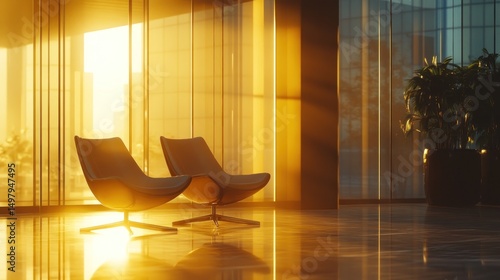 Golden Hour in the Lobby: Two Modern Chairs bathed in Sunset Light