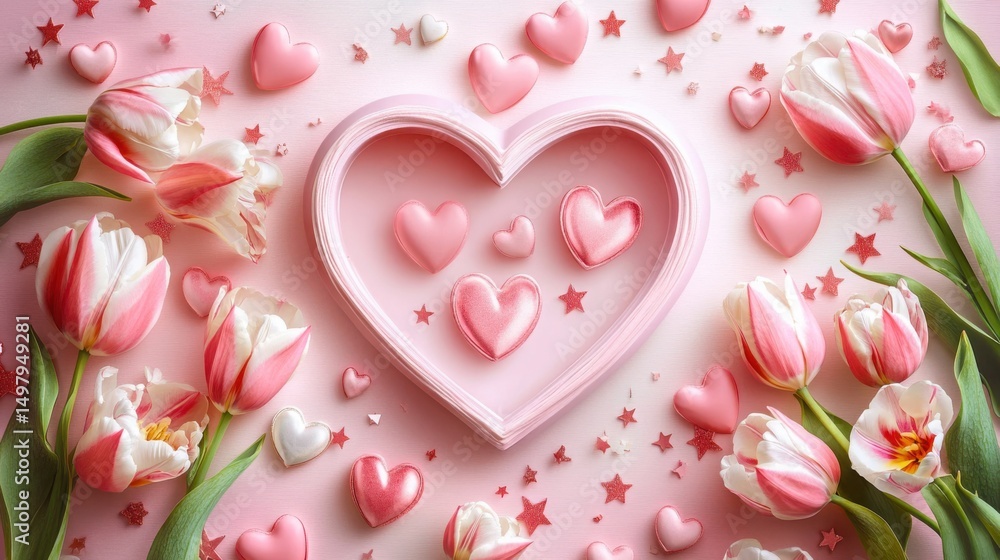 Pink hearts and tulips romantic arrangement Pink hearts and tulips romantic arrangement