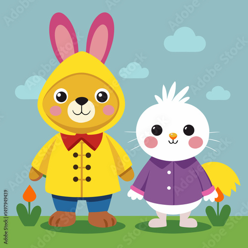 A bunny and chick wearing raincoats vector illustration