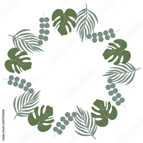 Circular tropical wreath with dense jungle leaves. Suitable for invitations, covers, banners, and greeting cards. Vector illustration of vibrant tropical vegetation