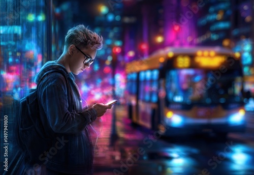 A young person immersed in their phone amidst a vibrant, neon-lit cityscape.