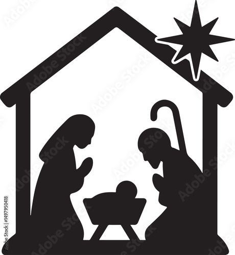 Silhouette vector of a nativity scene featuring Mary, Joseph, and baby Jesus, perfect for Christmas, religious themes, and holiday decor.