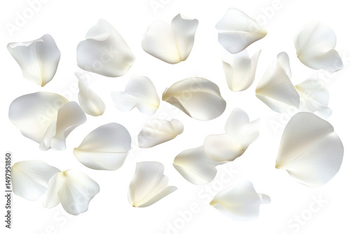 Scattered white rose petals on a black background creating a delicate and elegant composition visual
