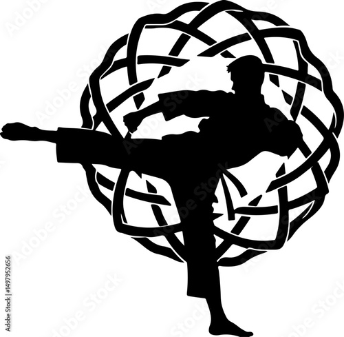 Martial Artist Kick Silhouette with Geometric Background"