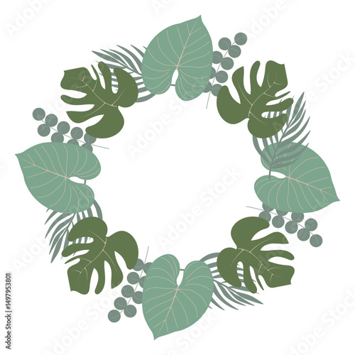 Tropical frame. Round tropical frame for invitation, card, cover, banners. Vector illustration with tropical leaves, jungle
