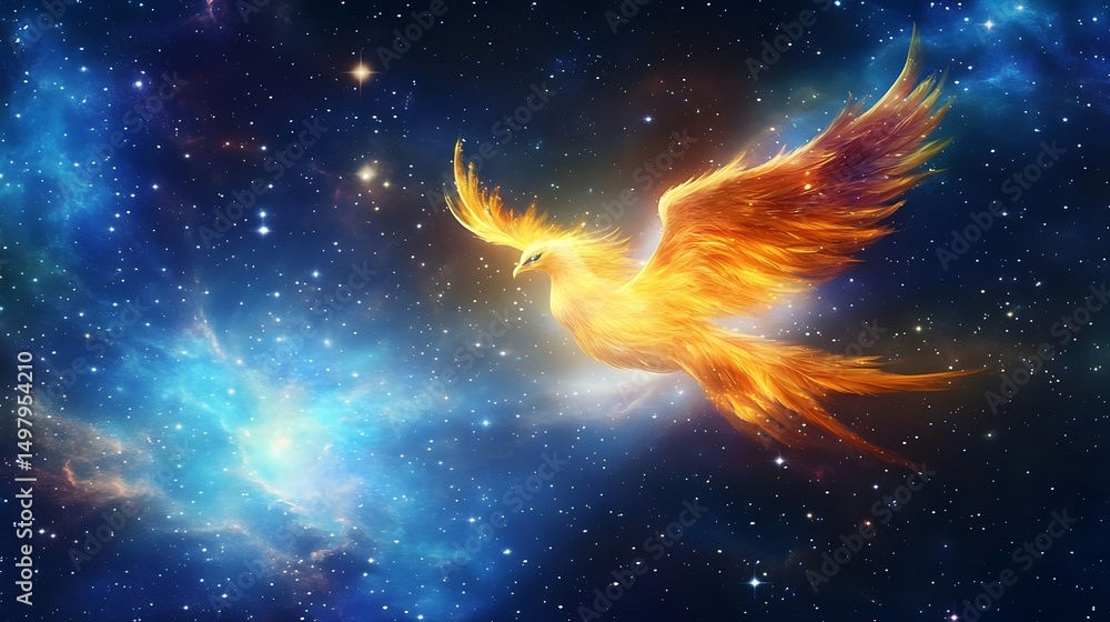 Fototapeta premium Celestial Phoenix Soaring Through the Night Sky with Golden Feathers