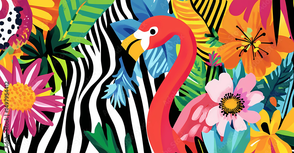 Colorful tropical design featuring a flamingo and vibrant flowers Generative AI Colorful tropical design featuring a flamingo and vibrant flowers Generative AI