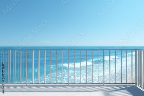 Ocean view from a sunny balcony overlooking calm waves and clear blue sky