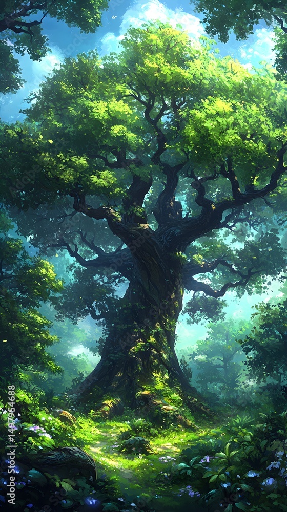 Obraz premium Majestic ancient tree dominates a sun-dappled forest clearing, surrounded by lush greenery and wildflowers