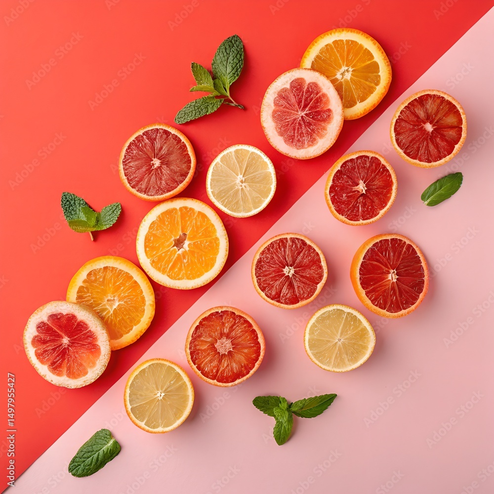 Obraz premium Citrus Symphony: A colorful display of freshly sliced citrus fruits arranged artistically, with vibrant textures. the symphony of flavors and colors.